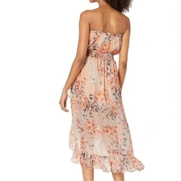 Ramy Brook Manon Dress Strapless Silk Floral Ruffle Midi S Blush Combo - Picture 2 of 9